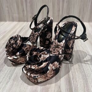 Express Floral Rosette Platform Heels Ankle Strap Chunky High Heel Sandals Sz 7